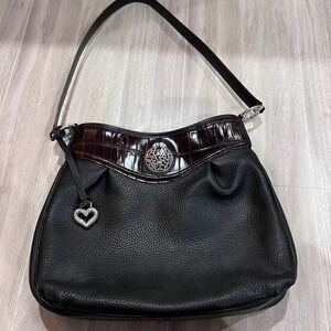 Brighton Black & Brown Leather Handbag Shoulder Bag Croc Trim Heart Charm Medium